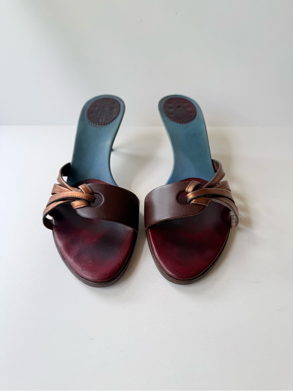 Vintage MaxMara Metallic Copper Burgundy Red Blue Leather Low Heeled Sandals 38 - Picture 5 of 12